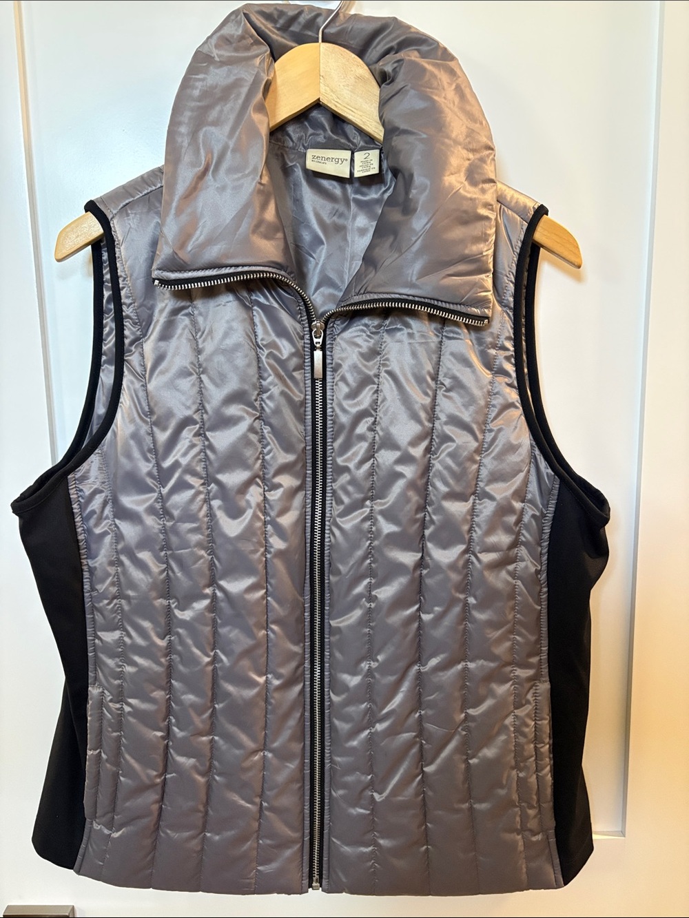 Chico's Quilted Silver Front Vest with Black stretch Side panels